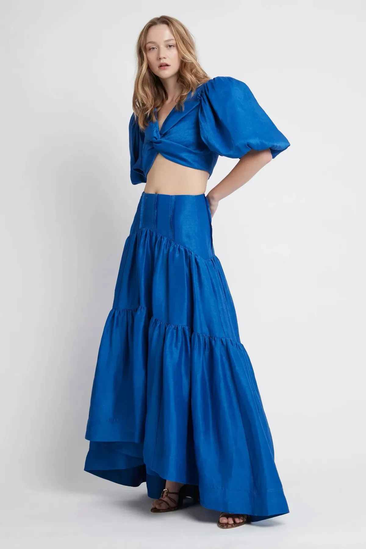 Aje Reverb Gathered Midi Skirt & Reverb Puff Sleeve Cropped Top Set Blue Size 4 - Image 2