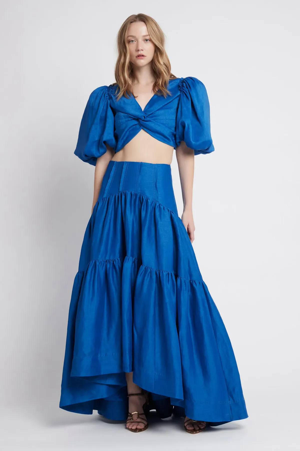 Aje Reverb Gathered Midi Skirt & Reverb Puff Sleeve Cropped Top Set Blue Size 4 - Image 1