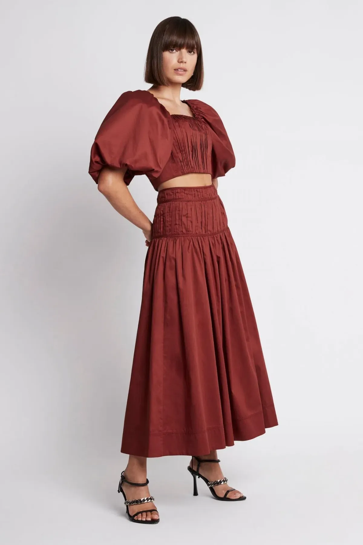 Aje Enamour Midi Skirt & Puffed Sleeve Cropped Top Set Burgundy Size 4 - Image 1