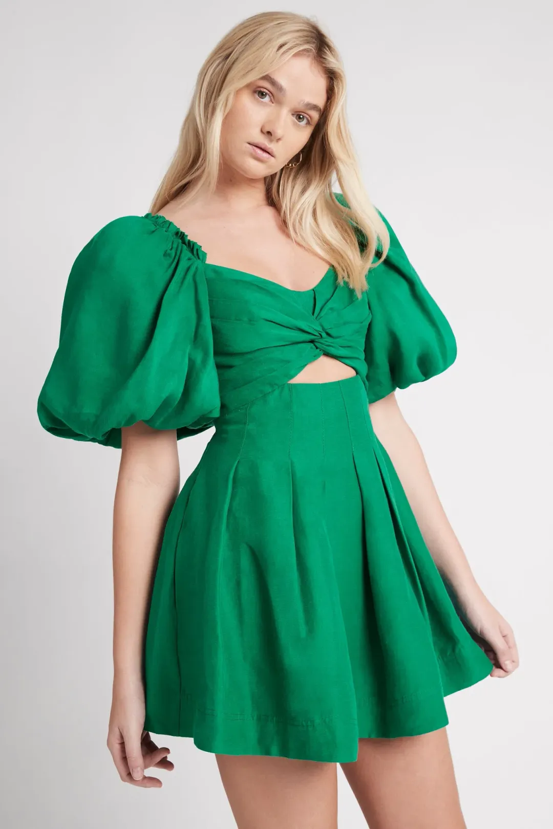 Aje Knot Puff Sleeve Mini Dress Green Size 4 for rent on The Volte - main image