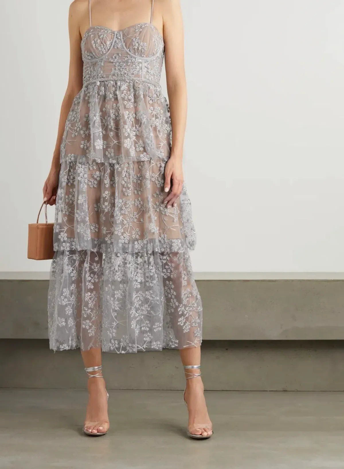 Self-Portrait Tiered Metallic Tulle Midi Dress Silver Size 12 - Image 1