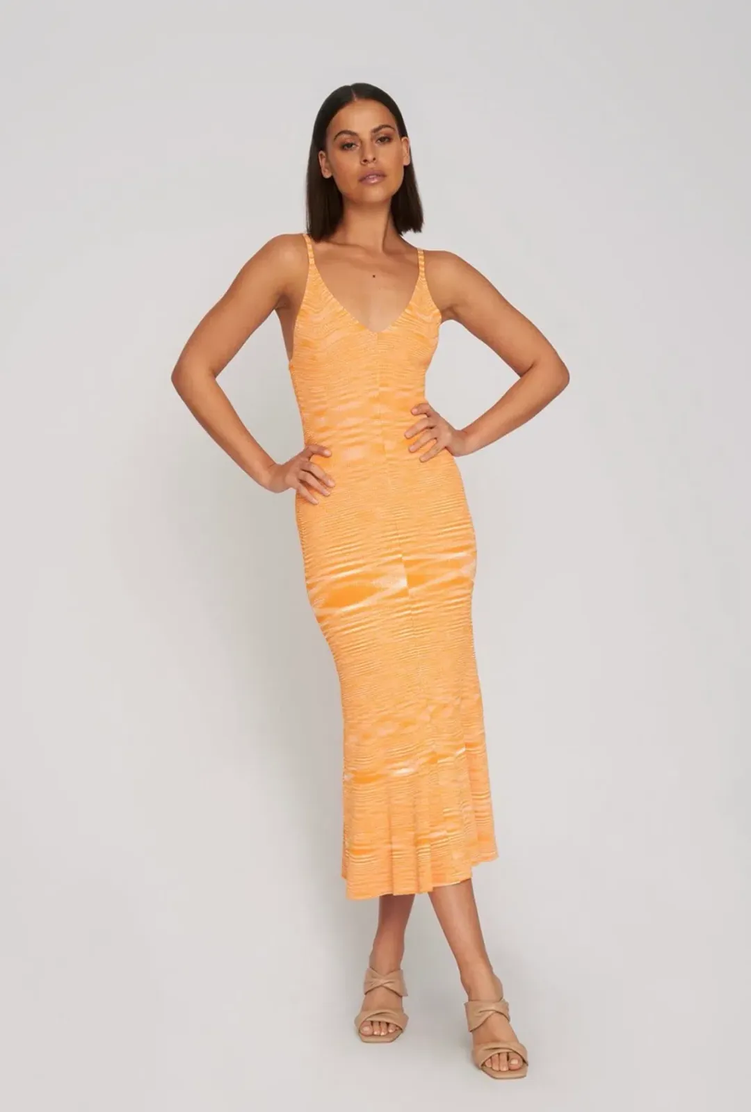 By Johnny V Flare Knit Midi Dress In Mandarin Marle Size M/Au 10 for rent on The Volte - main image