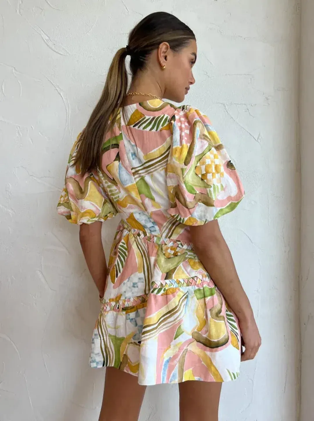 By Nicola Sol Puff Mini Dress in Swirl Check Multi-Colored Size AU 8 for rent on The Volte - main image