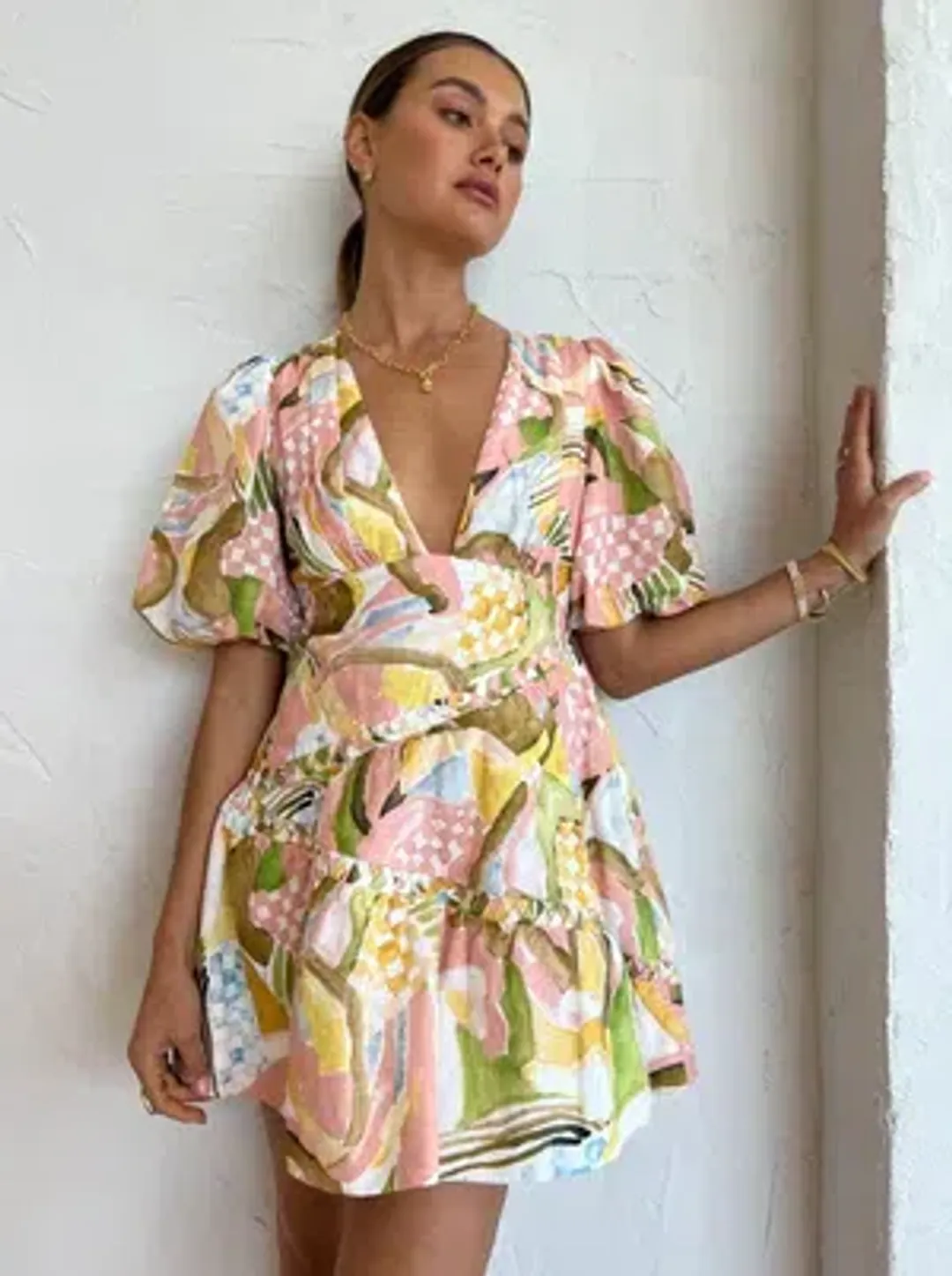 By Nicola Sol Puff Mini Dress in Swirl Check Multi-Colored Size AU 8 for rent on The Volte - main image