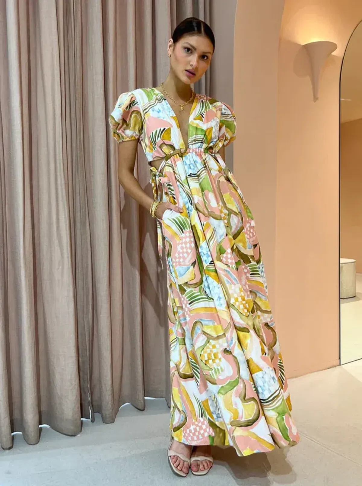 By Nicola Ahoy Plunge Neckline Maxi Dress in Swirl Check Multi-Colored Size AU 10 - Image 1