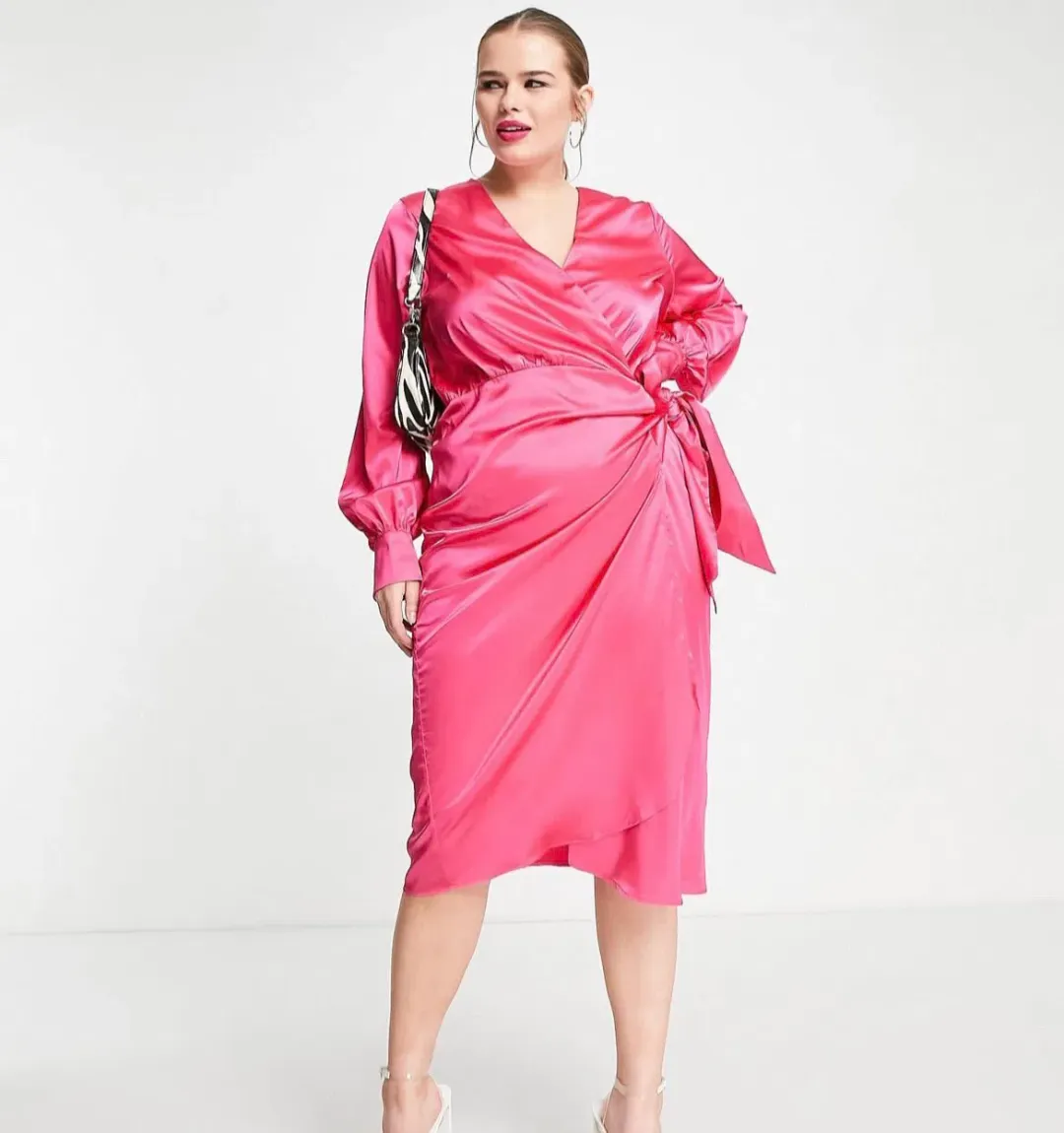 Never Fully Dressed Plus Satin Wrap Midi Dress Pink Size 22 for rent on The Volte - main image
