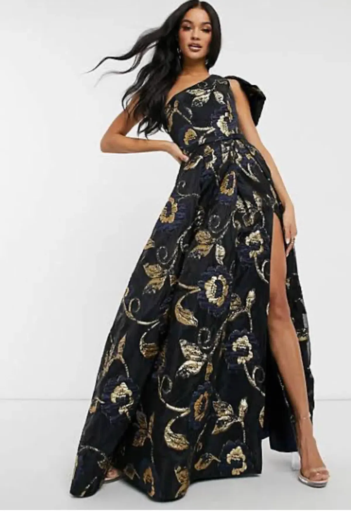 Bariano Olympia One Shoulder Gown Black/Gold Size 8 - Image 1