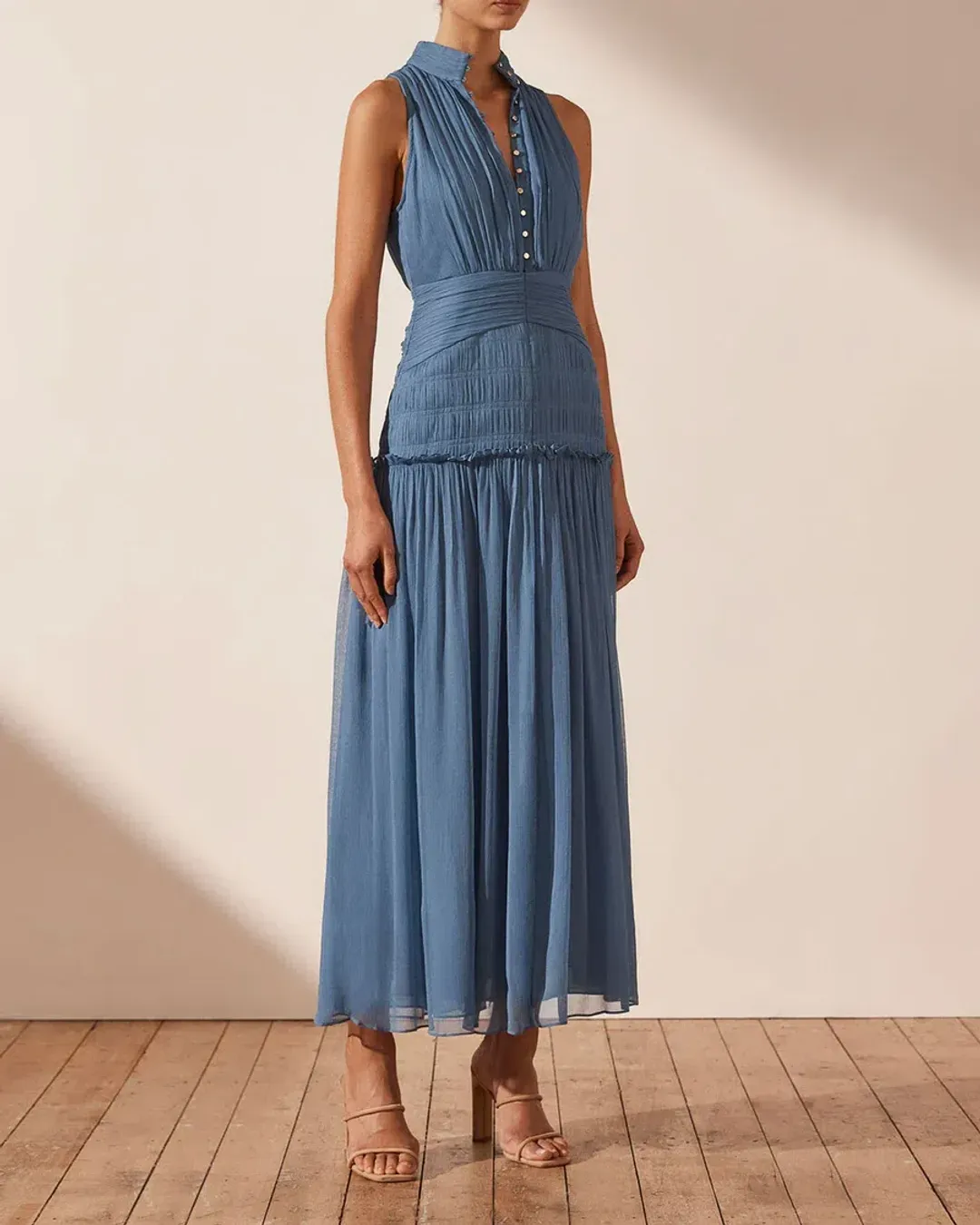 Shona Joy Noemi Sleeveless Button Up Midi Dress Blue Size 10 for rent on The Volte - main image