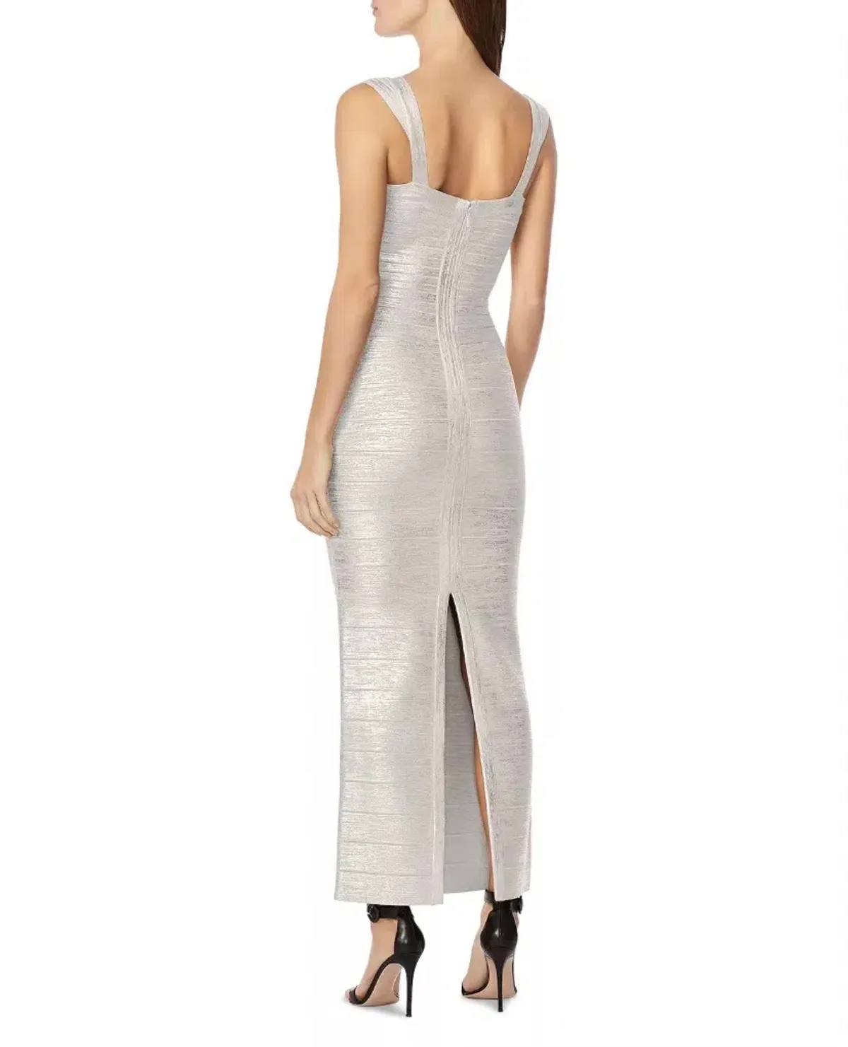 Herve Leger Sweetheart Banded Foil Gown Silver Size 8 - Image 3