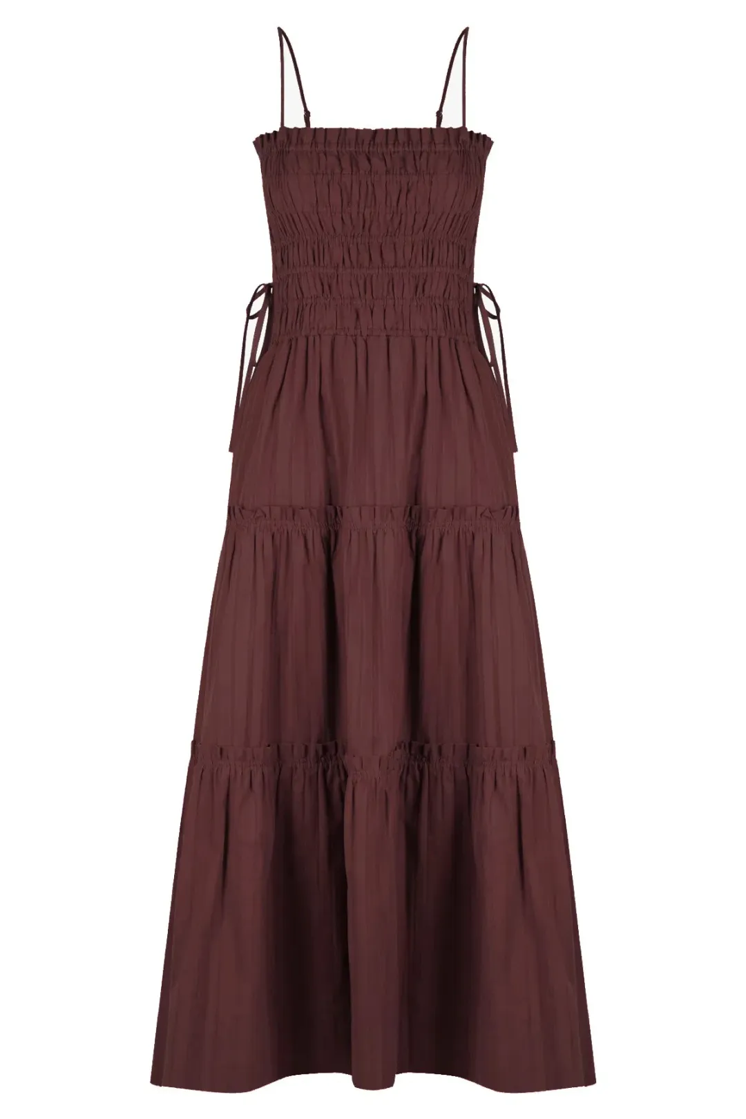 Shona Joy Kaia Shirred Tiered Midi Dress Chocolate Brown Size 14 for rent on The Volte - main image