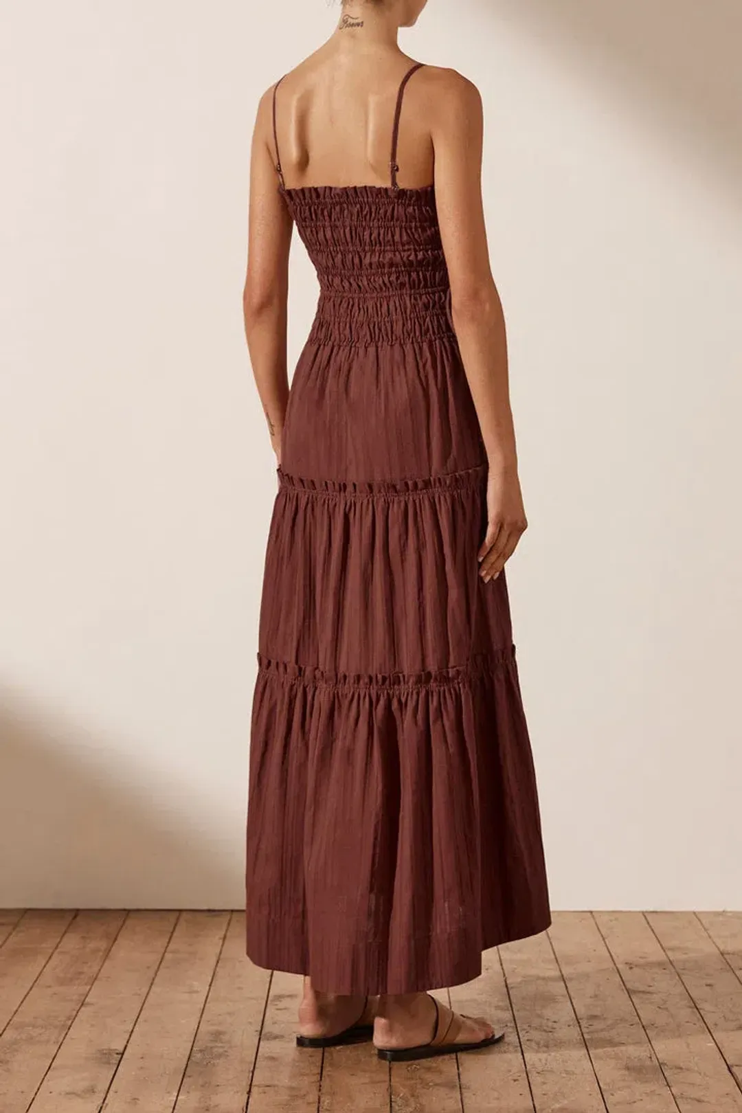 Shona Joy Kaia Shirred Tiered Midi Dress Chocolate Brown Size 14 for rent on The Volte - main image