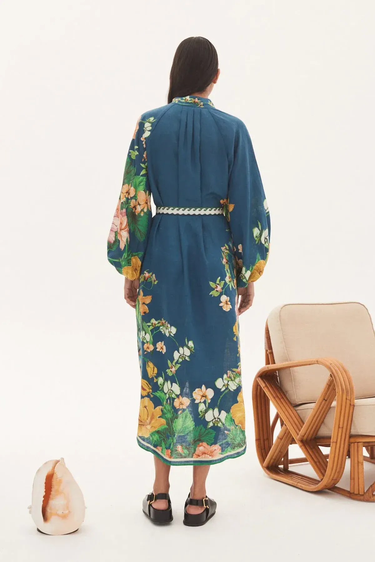 Alemais Lyla Midi Shirtdress Blue Linen Long Sleeve Button Down Floral Navy Size AU 10 - Image 3