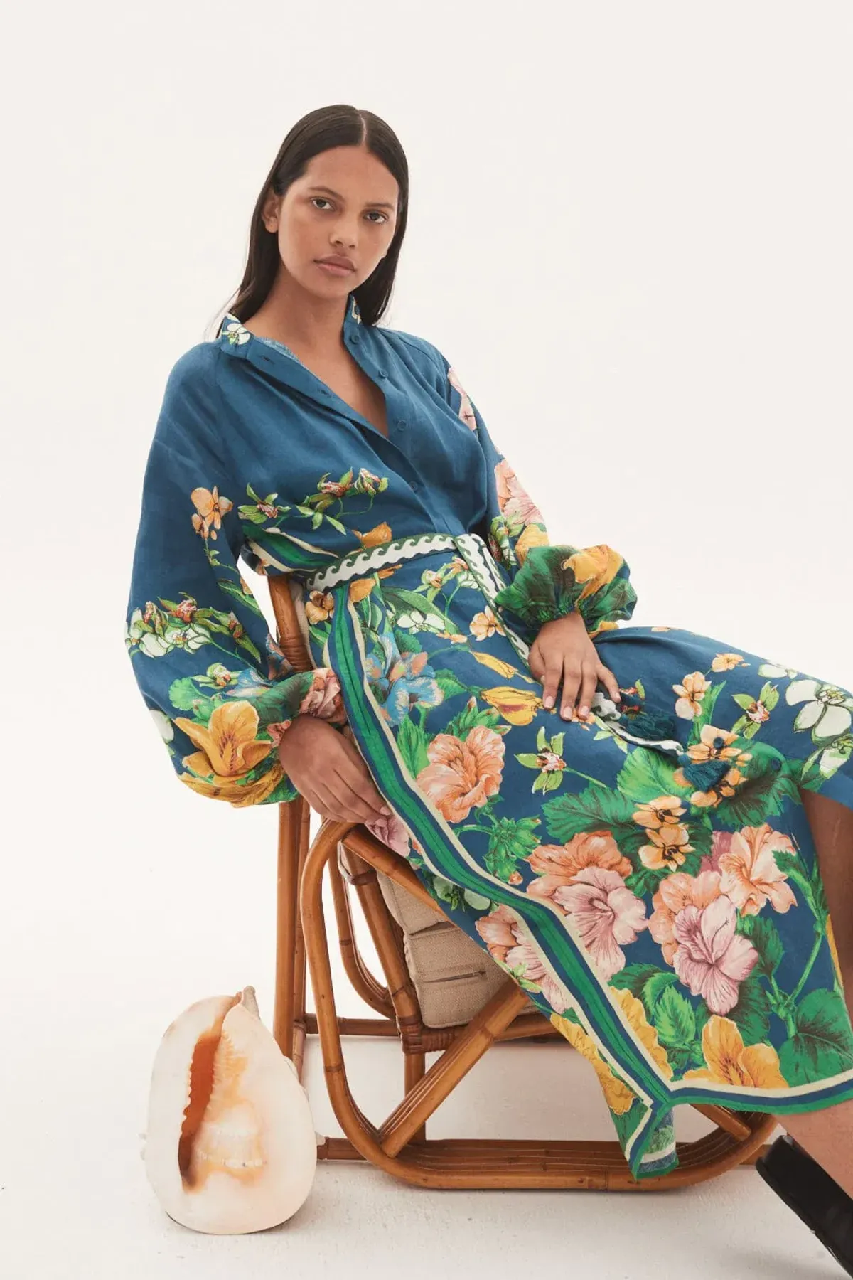 Alemais Lyla Midi Shirtdress Blue Linen Long Sleeve Button Down Floral Navy Size AU 10 - Image 4