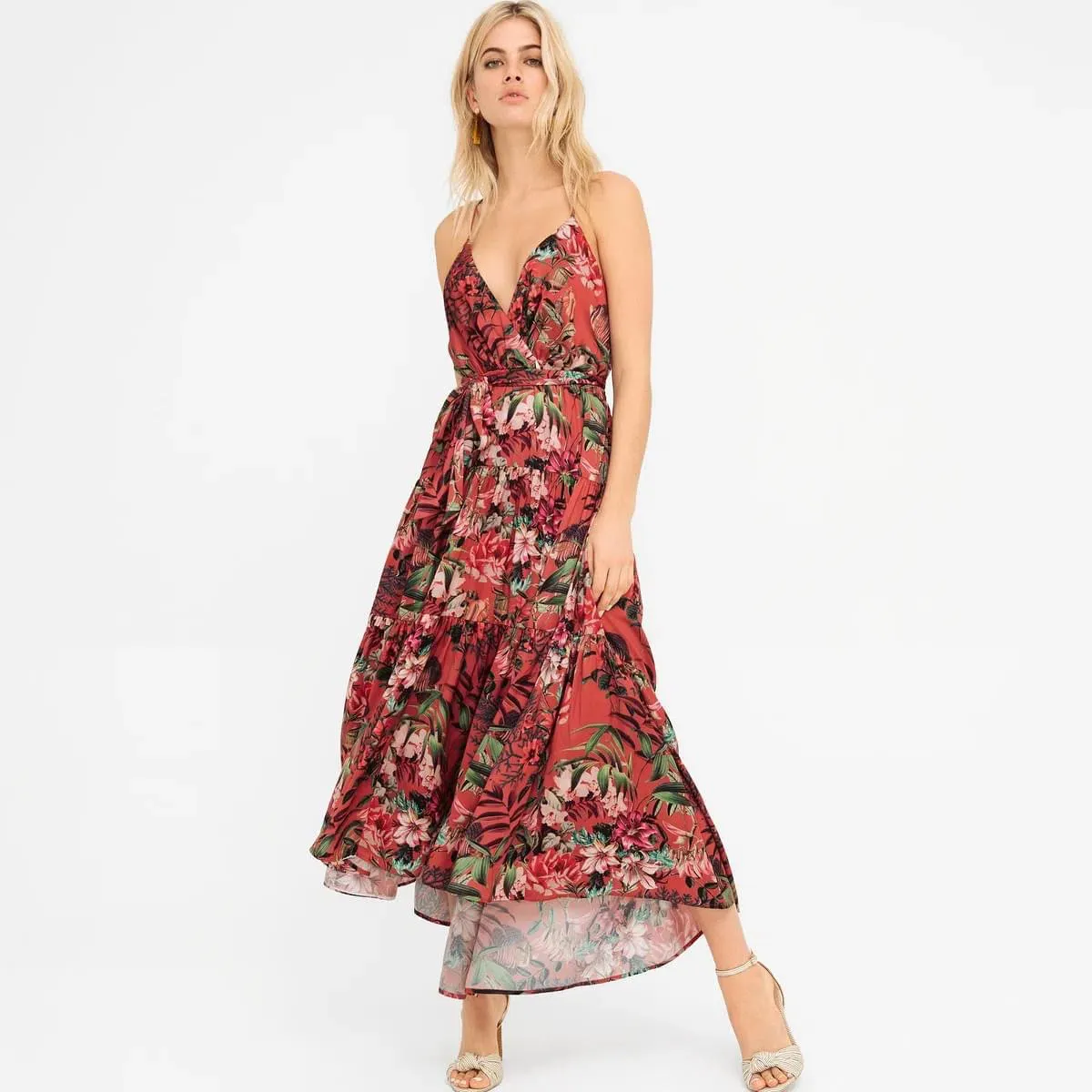 Sheike Tropical Frenzy Pink Floral Tiered Maxi Dress Size 10 - Image 1