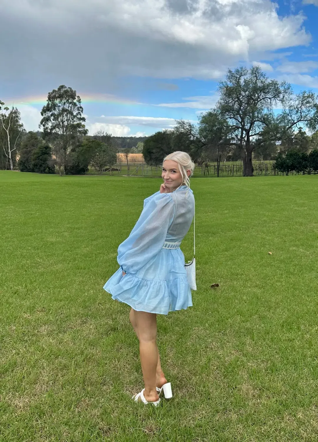 Leo Lin Alexandra Belted Mini Dress Cornflower Blue Size AU 10 for rent on The Volte - main image