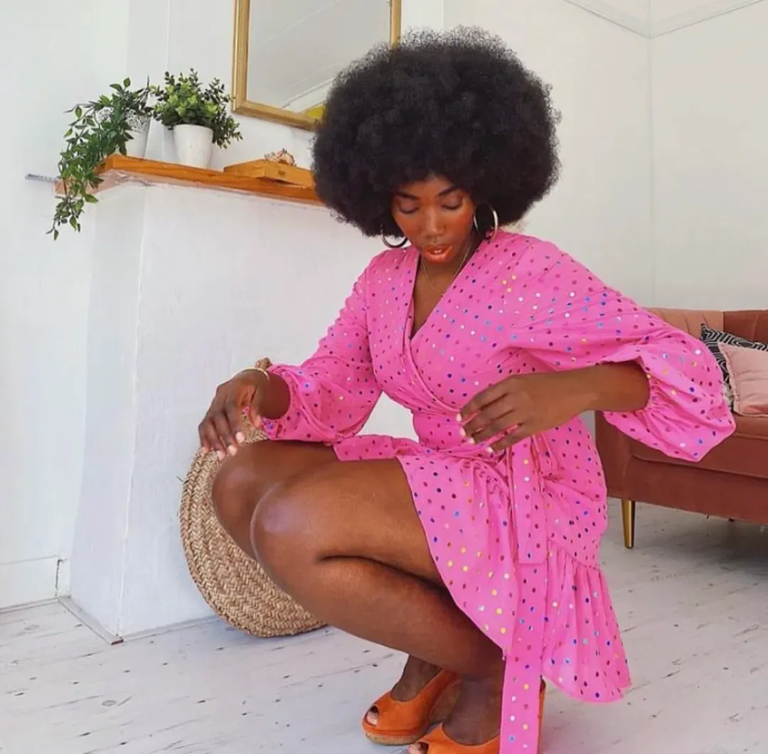 Never Fully Dressed Foil Spot Mini Wrap Dress Pink Size AU 8 for rent on The Volte - main image