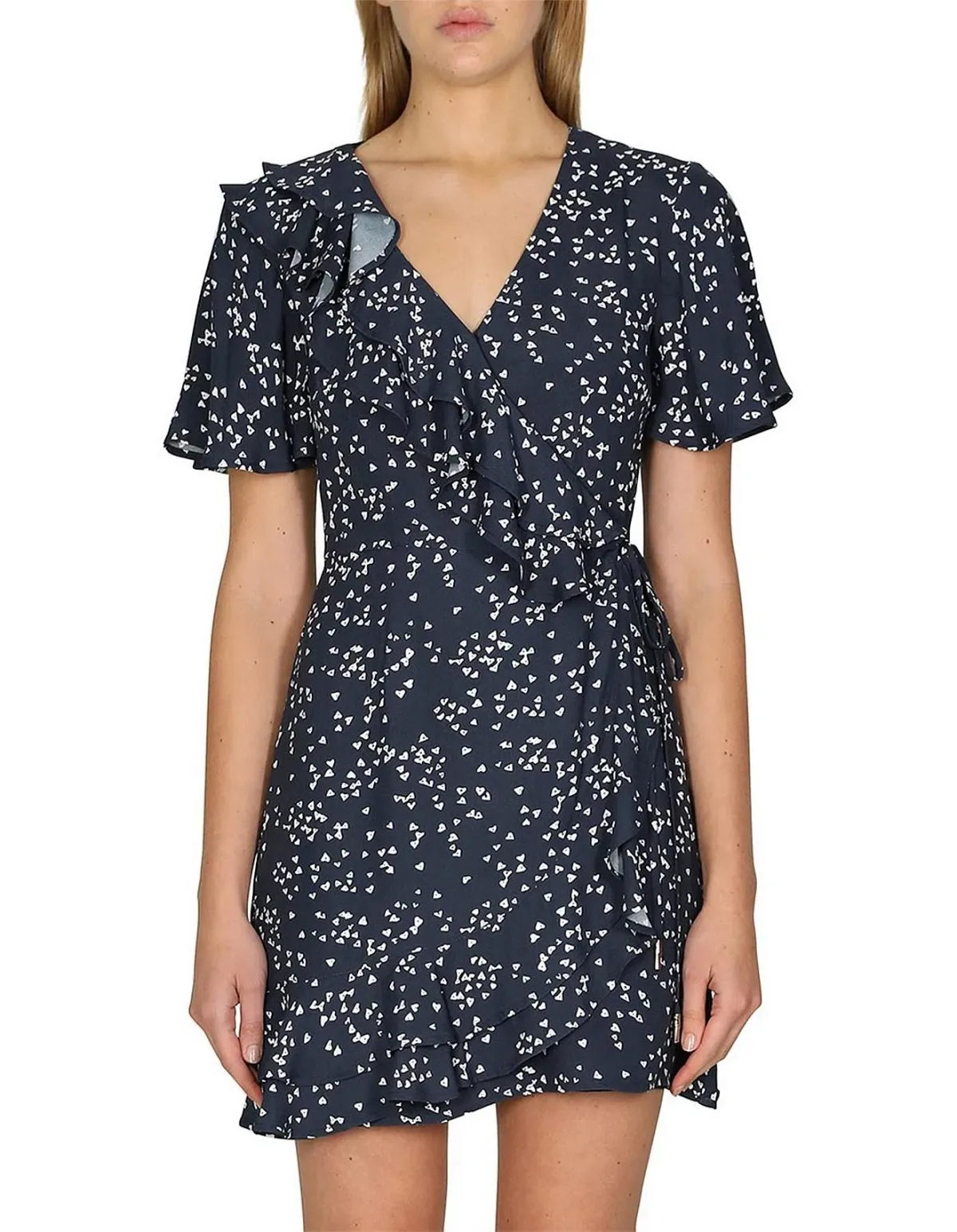 Rebecca Vallance Flores Ruffled Printed Crepe Wrap Mini Dress Navy Size 8 - Image 3