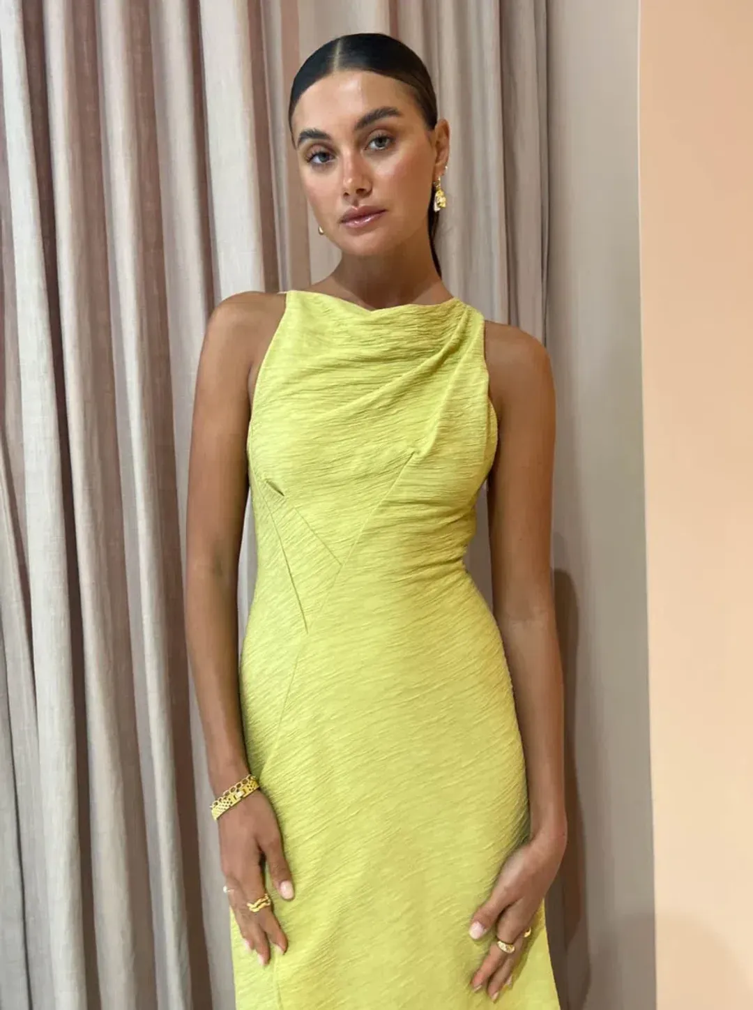 One Fell Swoop Frida Midi Dress in Golden Straw Size 6 for rent on The Volte - main image