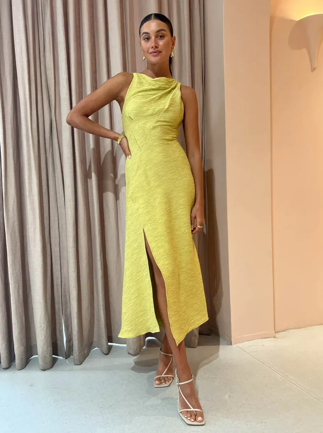 One Fell Swoop Frida Midi Dress in Golden Straw Size 6 for rent on The Volte - main image