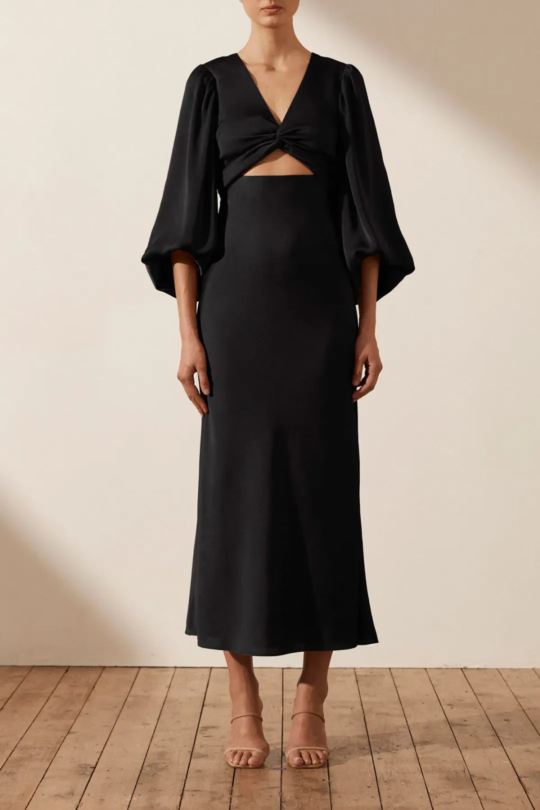 Shona Joy Luxe Twist Front Balloon Sleeve Midi Dress in Onyx Size 12 / L for rent on The Volte - main image