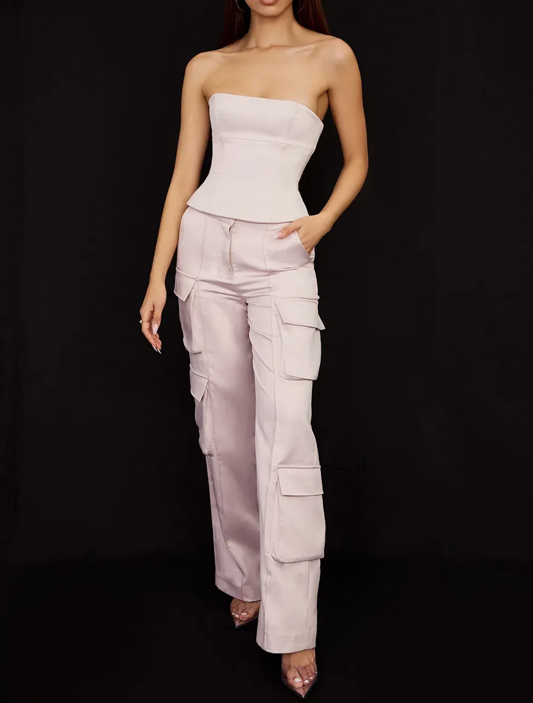 House of CB Angelica Strapless Corset and Daria Cargo Trousers Set Crystal Size 8 for rent on The Volte - main image