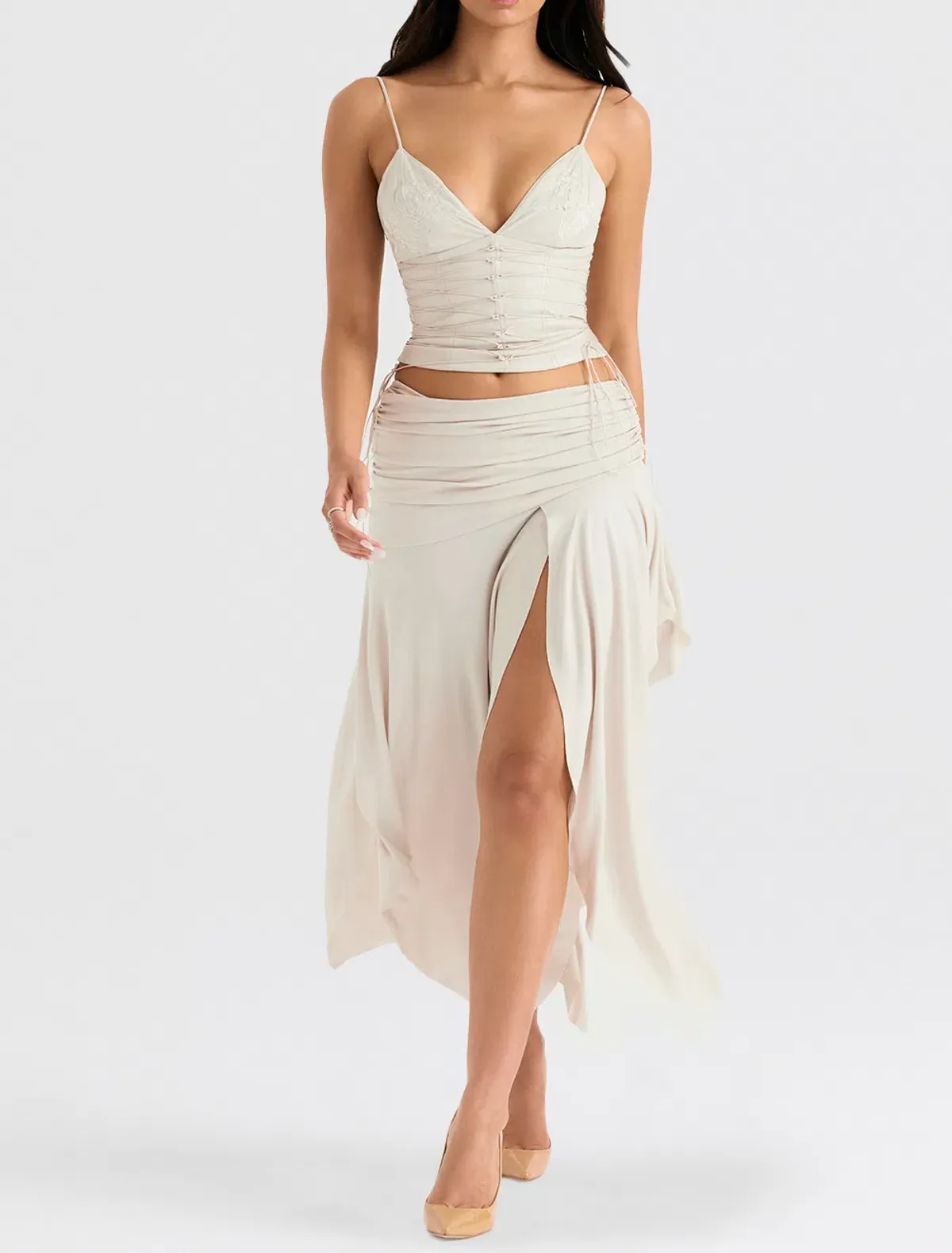 House of CB Antonella Vegan Leather Corset and Kaira Draped Midi Skirt Set Off White Size 8 - Image 1
