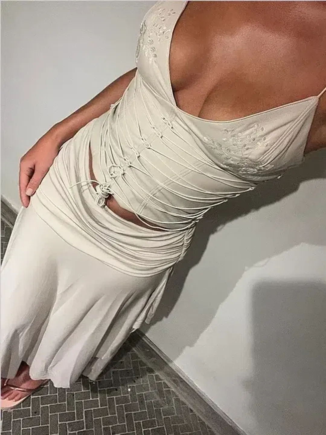 House of CB Antonella Vegan Leather Corset and Kaira Draped Midi Skirt Set Off White Size 8 for rent on The Volte - main image