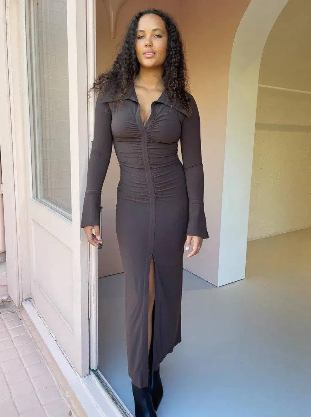 Bec & Bridge Sylvia Long Sleeve Maxi Dress Cognac Size 8  for rent on The Volte - main image