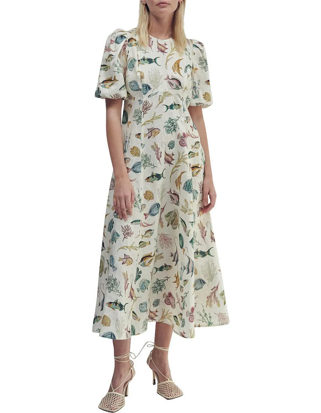 Alemais Wanda Linen Midi Dress Fish Underwater Size 10 for rent on The Volte - main image