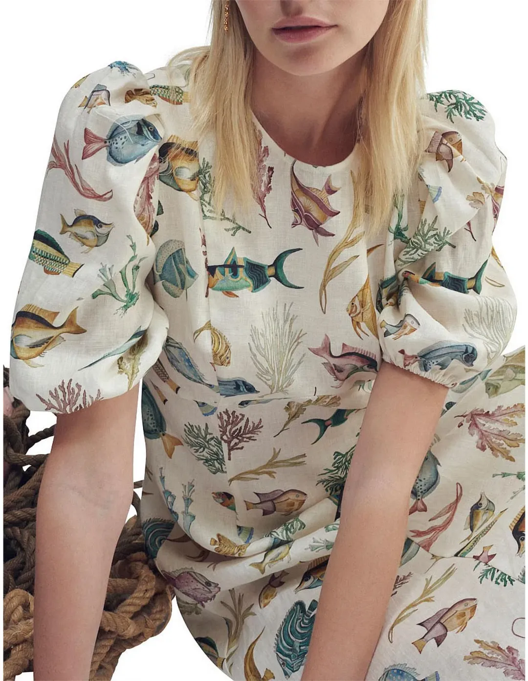 Alemais Wanda Linen Midi Dress Fish Underwater Size 10 for rent on The Volte - main image