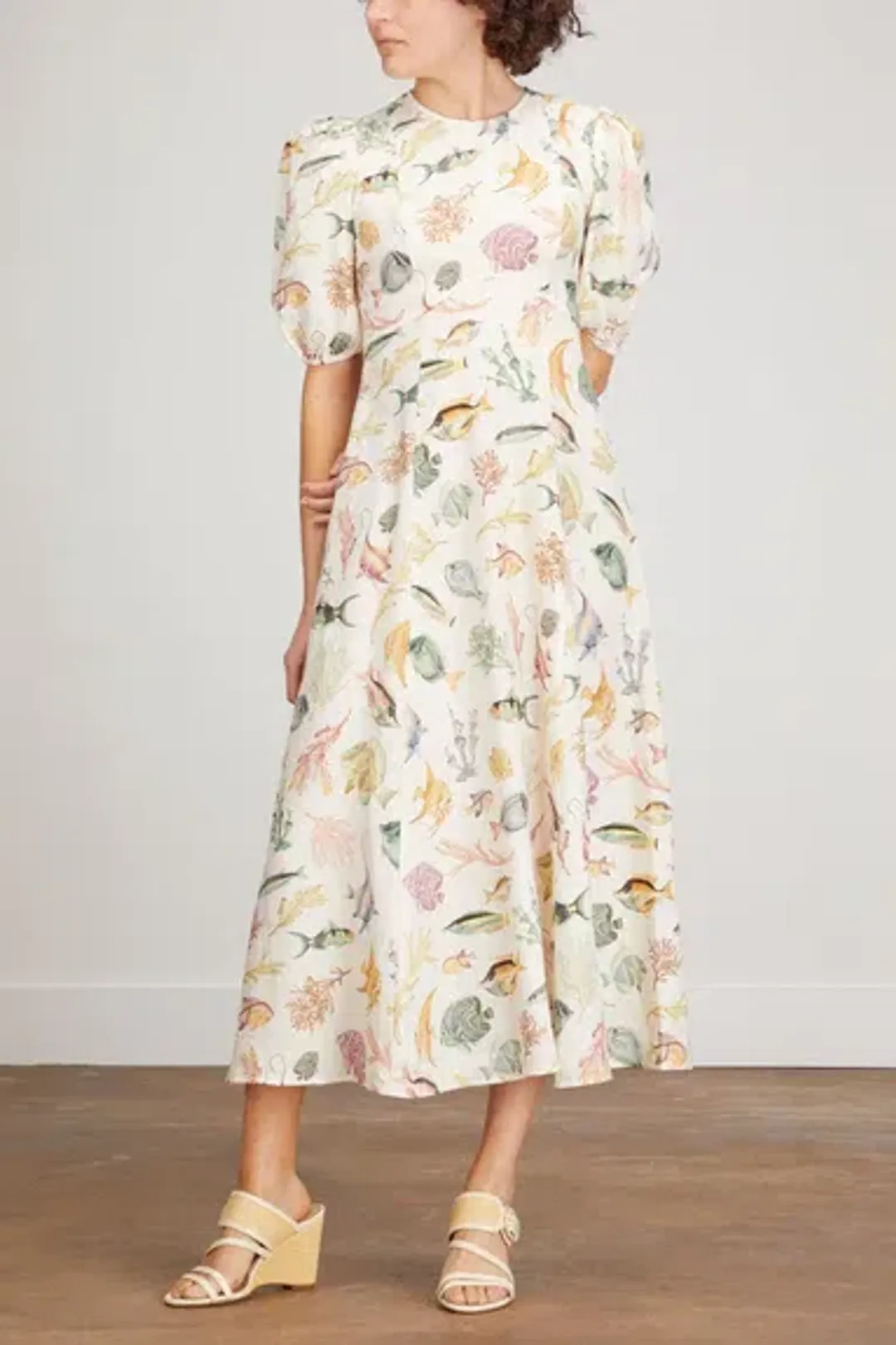 Alemais Wanda Linen Midi Dress Fish Underwater Size 10 for rent on The Volte - main image