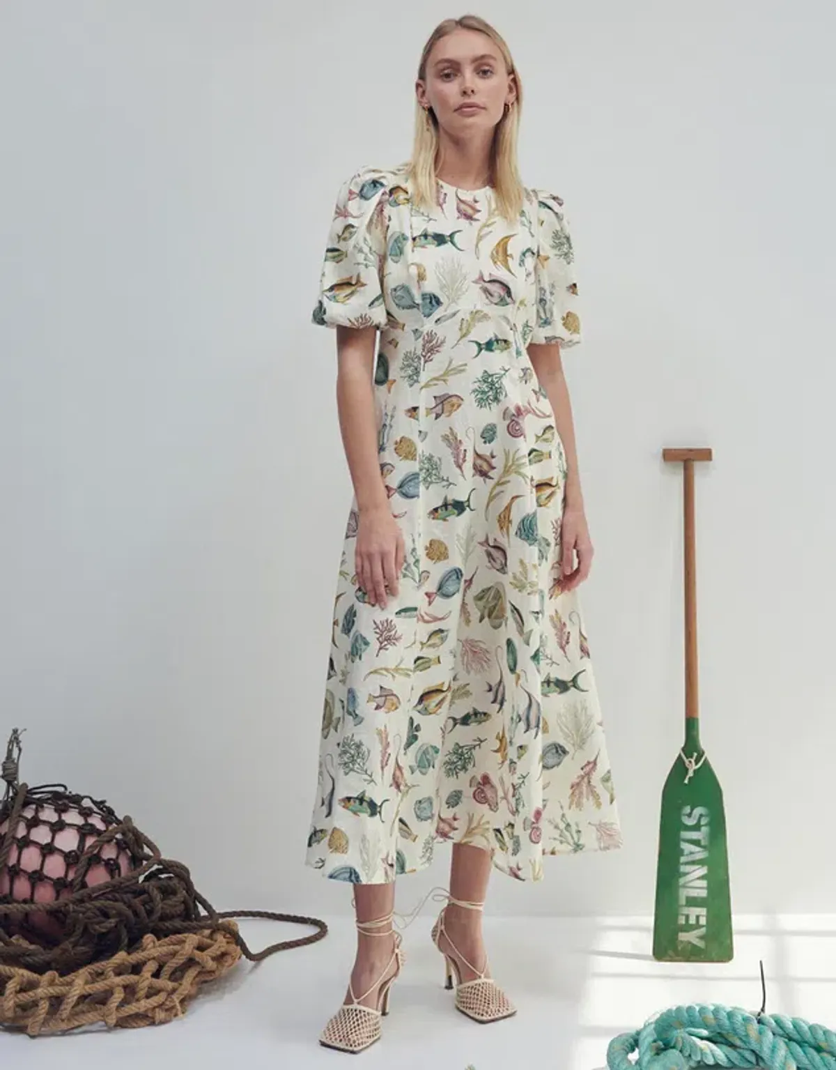 Alemais Wanda Linen Midi Dress Fish Underwater Size 10 - Image 1