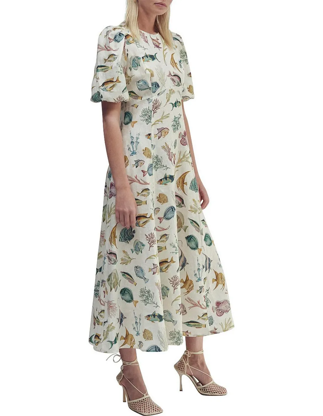 Alemais Wanda Linen Midi Dress Fish Underwater Size 10 for rent on The Volte - main image