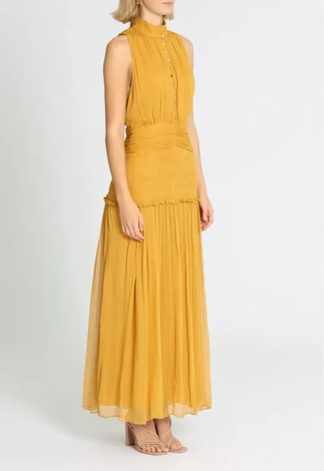 Shona Joy Leonie High Neck Button Up Midi Dress in Mimosa Size 10 for rent on The Volte - main image