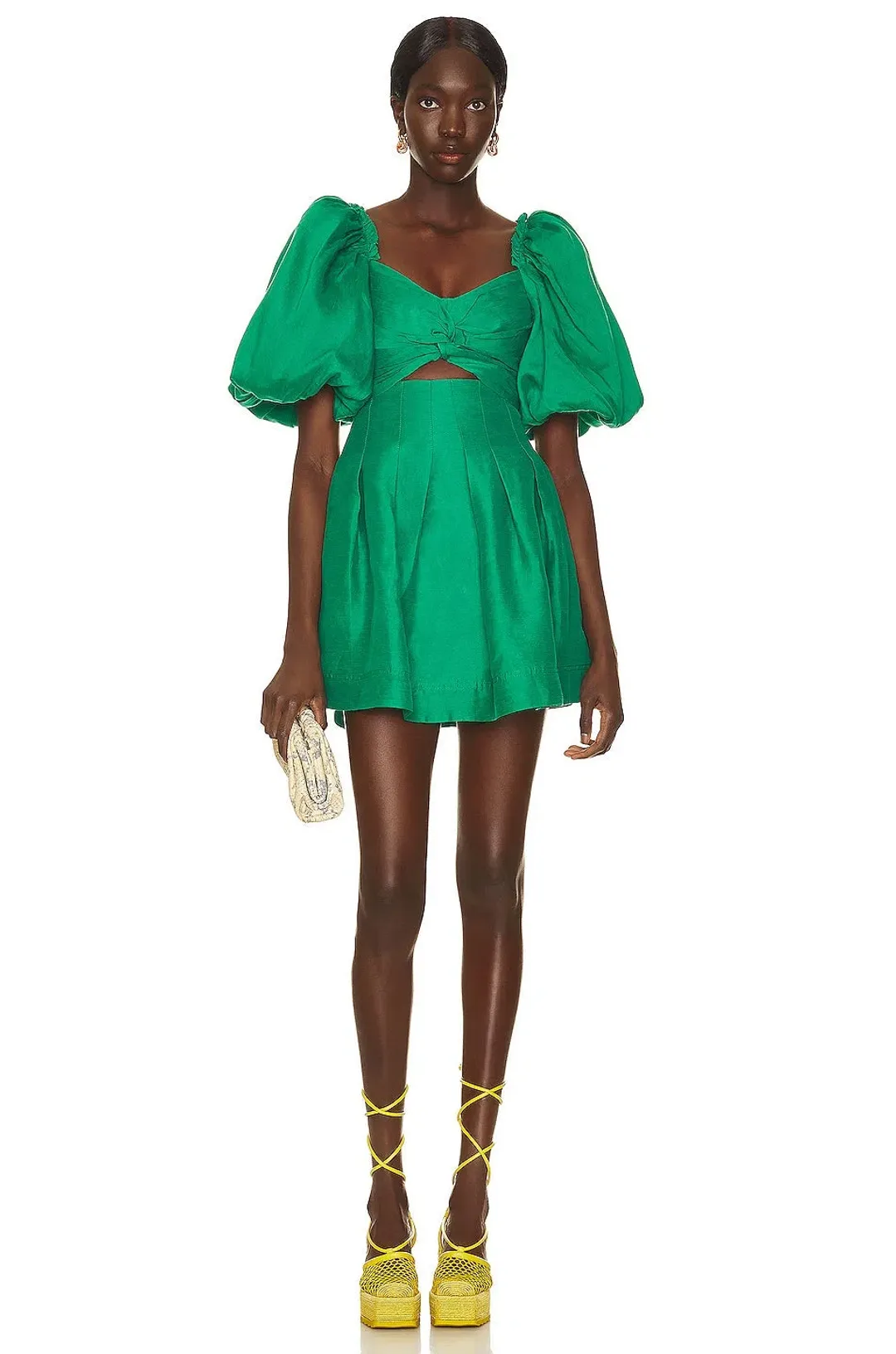 AJE Dusk Knot Puff Sleeve Mini Dress Emerald Size 6 for rent on The Volte - main image