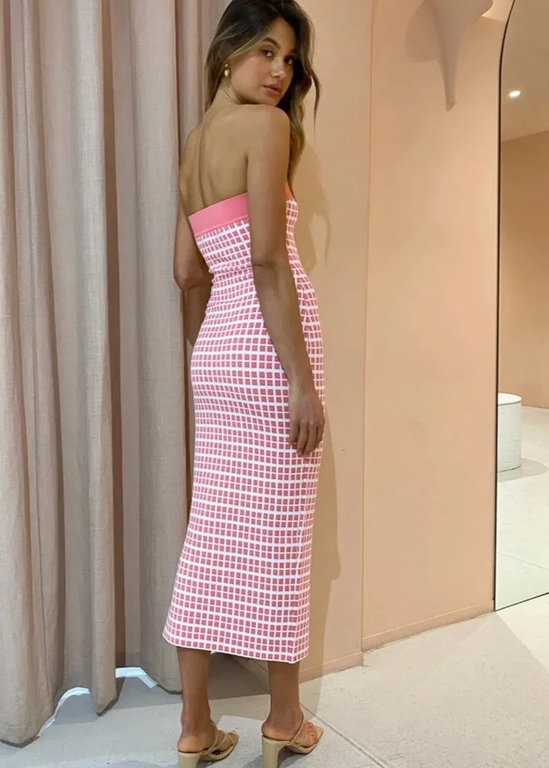 By Johnny Isabella Check Strapless Knit Dress Pink Size Small/Au 8 for rent on The Volte - main image