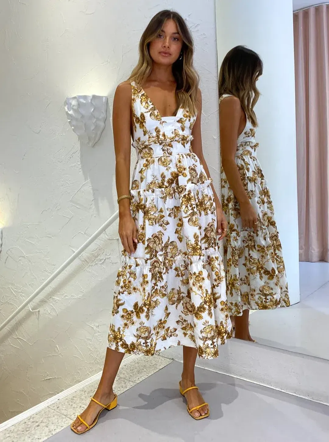Shona Joy Bella Plunged Tiered Midi Dress Print Size 10  for rent on The Volte - main image