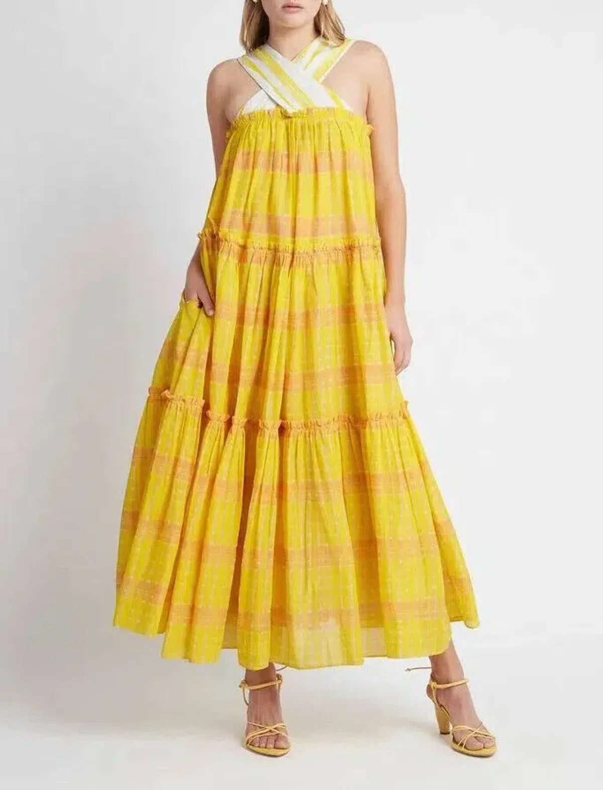 Aje Wilderness Tiered Dress Yellow Check Size 6 - Image 1