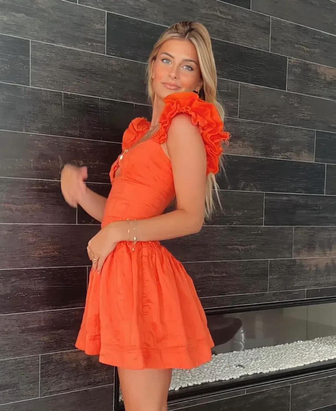 Aje Simone Frill Sleeve Mini Dress Orange Size 6 / XS for rent on The Volte - main image