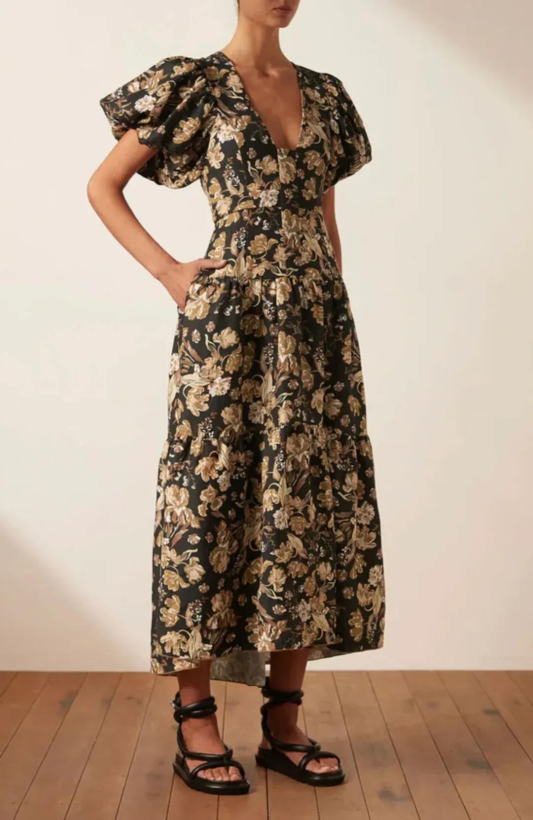 Shona Joy Palermo Plunged Short Sleeve Midi Dress Black Size AU 16 for rent on The Volte - main image