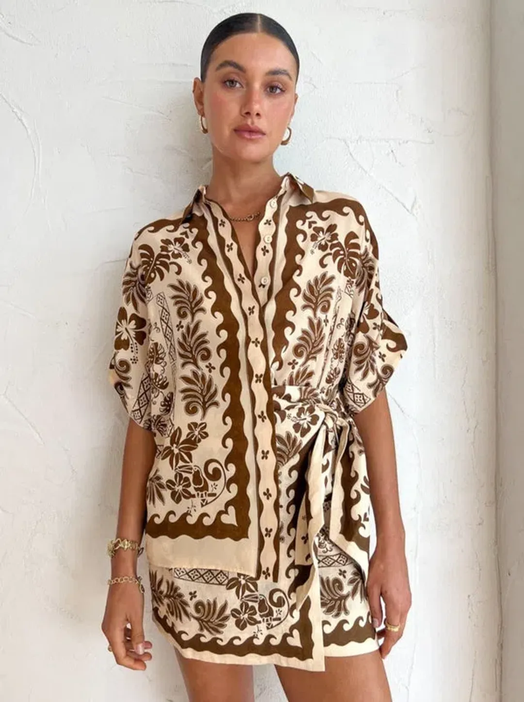 Alemais Tropic Shirt and Sarong Set Choc / Cream Size 10 for rent on The Volte - main image
