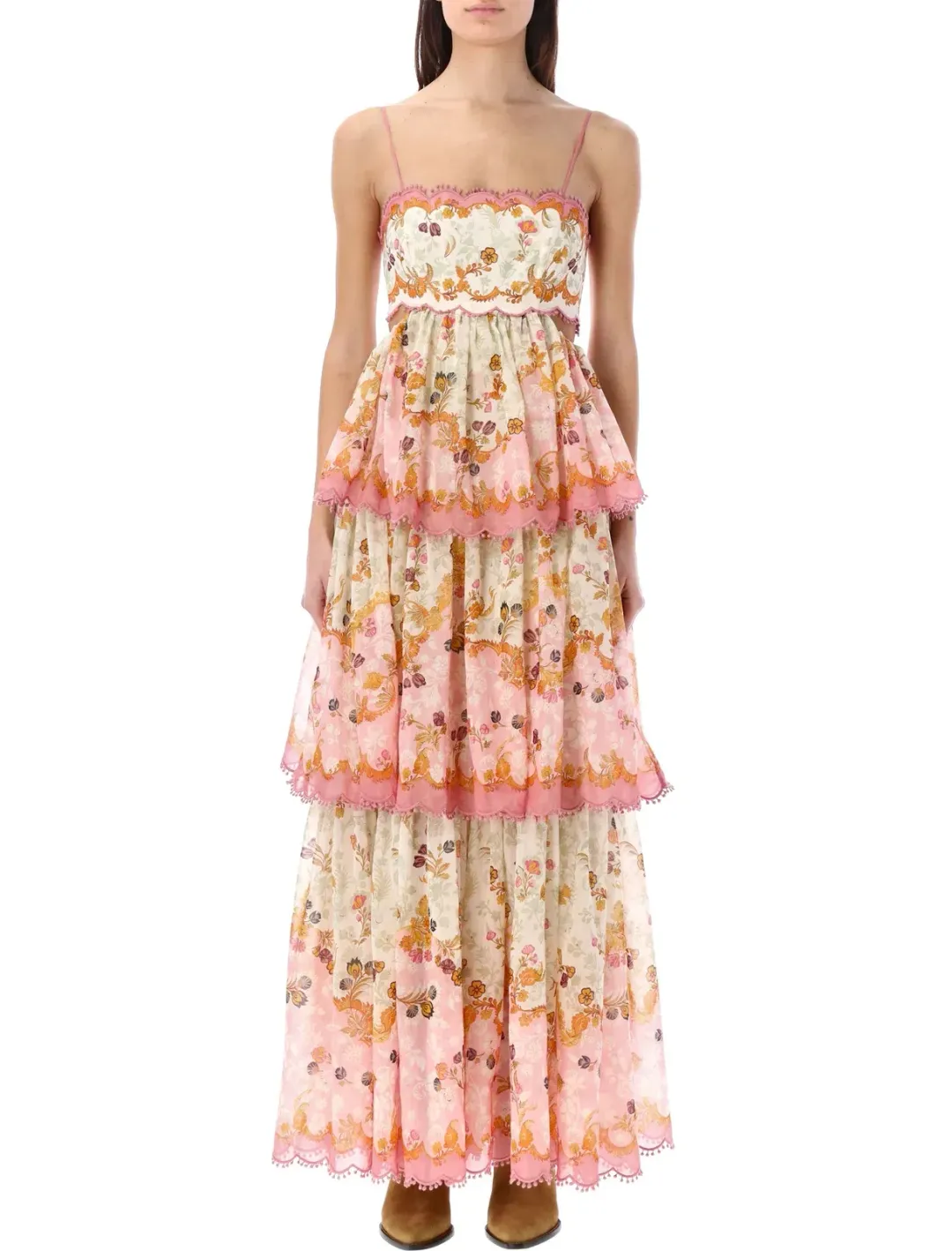Zimmermann Laurel Frill Midi Dress Floral Cream Size 0 / AU 8 for rent on The Volte - main image