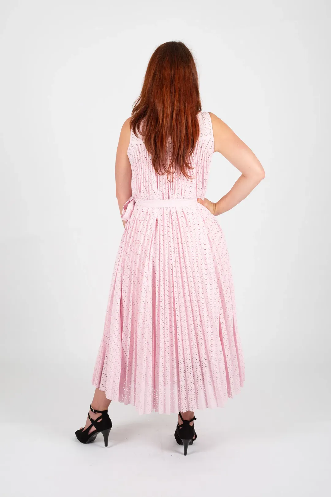 Hugo Boss Belted Stretch Lace Midi Dress Pastel Pink Size 10 for rent on The Volte - main image