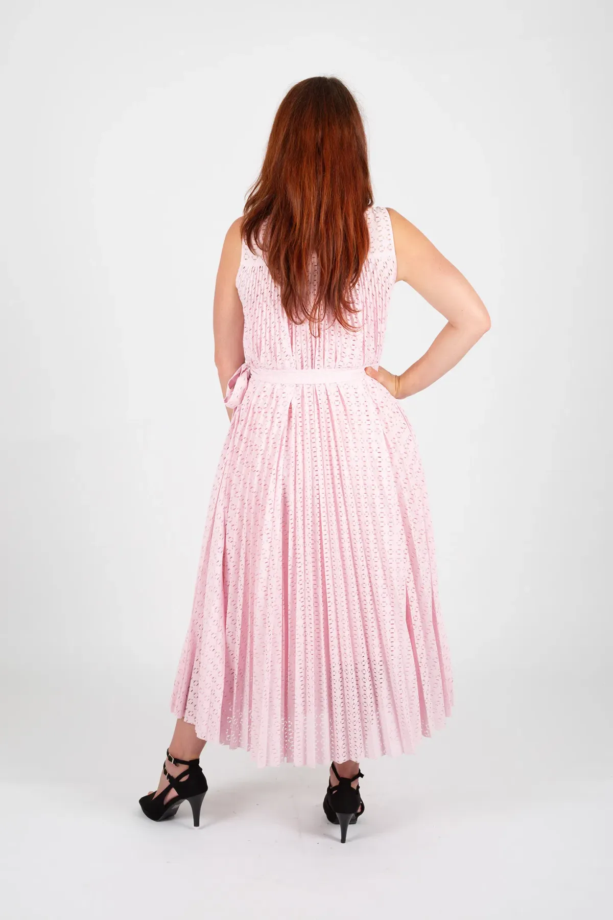 Hugo Boss Belted Stretch Lace Midi Dress Pastel Pink Size 10 - Image 3