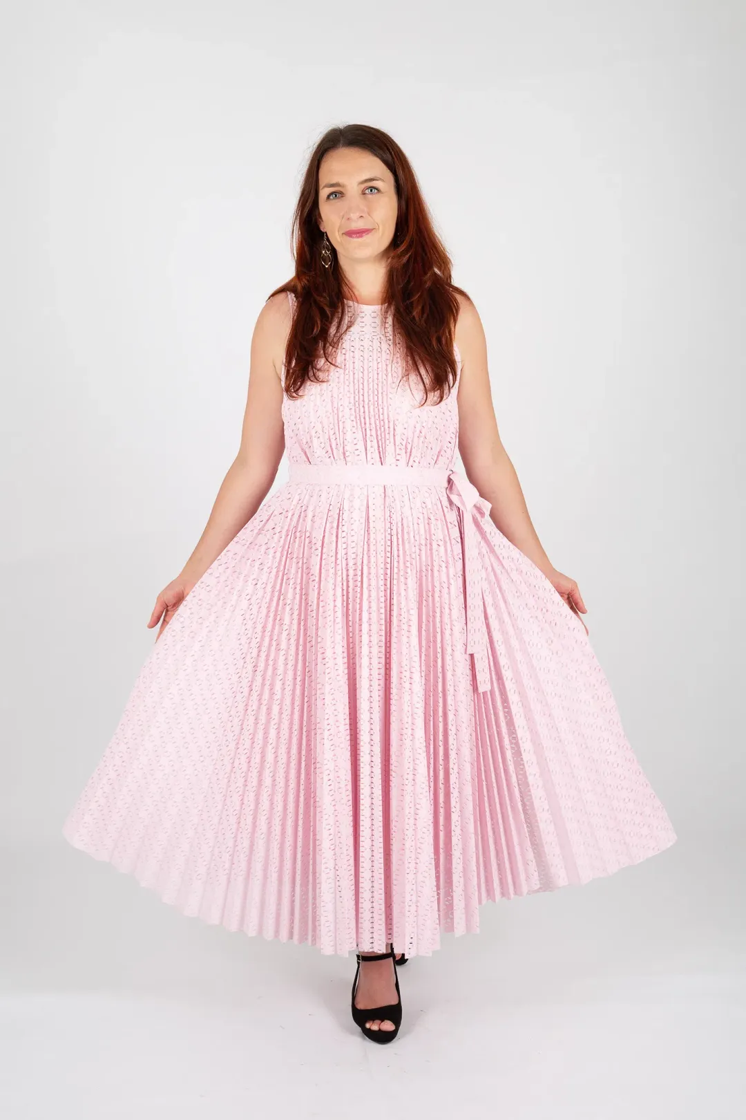 Hugo Boss Belted Stretch Lace Midi Dress Pastel Pink Size 10 for rent on The Volte - main image