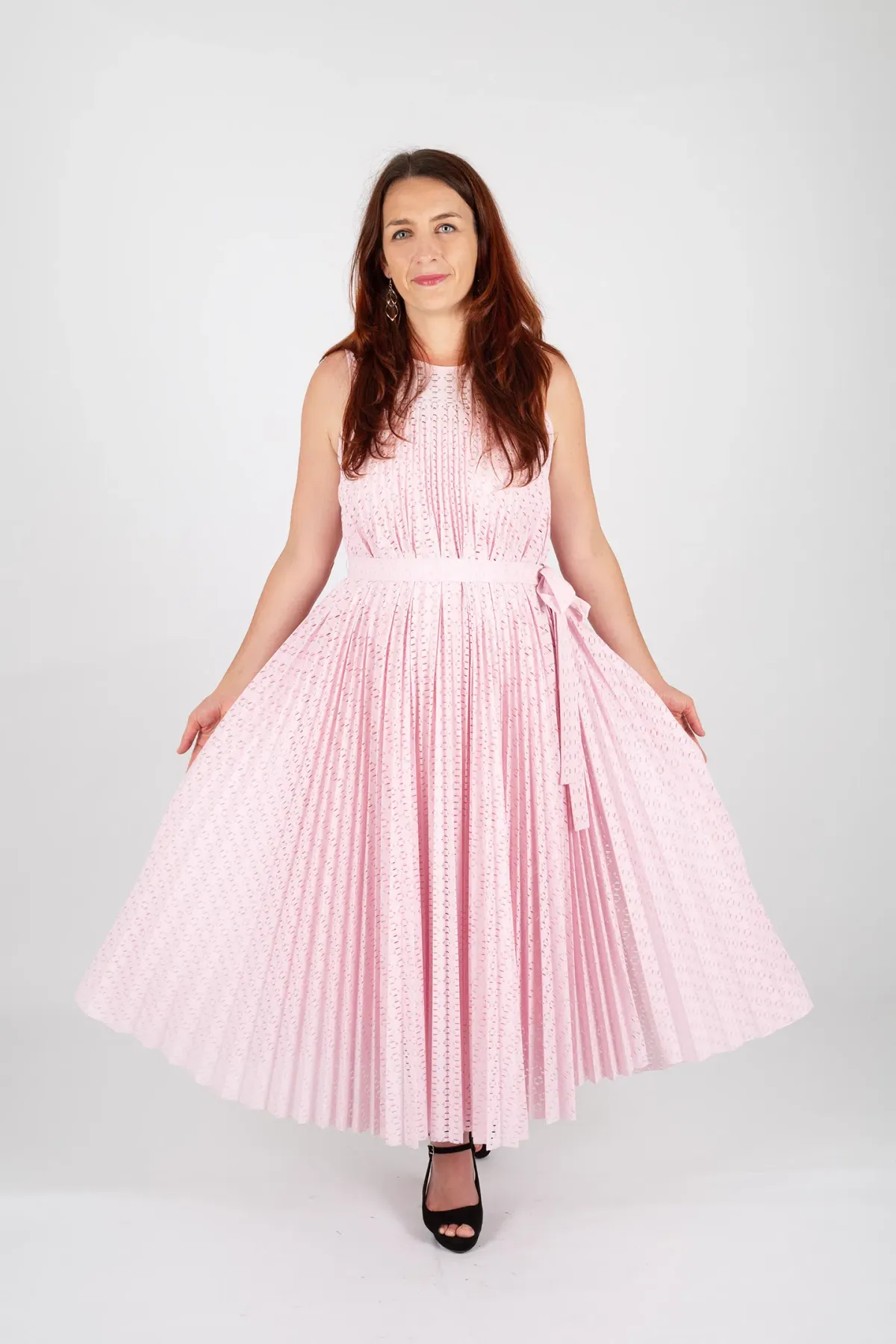 Hugo Boss Belted Stretch Lace Midi Dress Pastel Pink Size 10 - Image 5