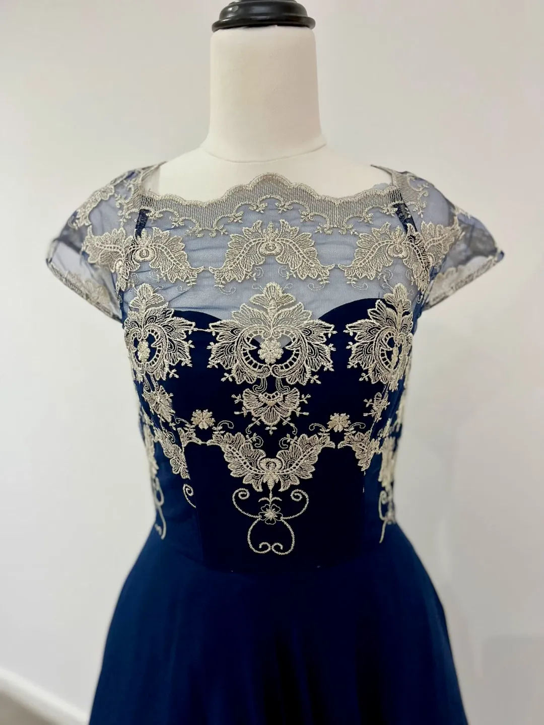 Chi Chi London Chiffon Midi Dress With Embroidery In Navy Size AU 8 for rent on The Volte - main image