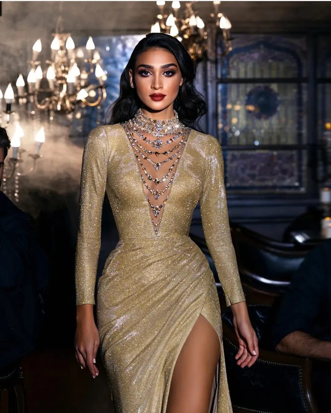 Sadek Majed Long Sleeve Gold Gown Size 8 for rent on The Volte - main image