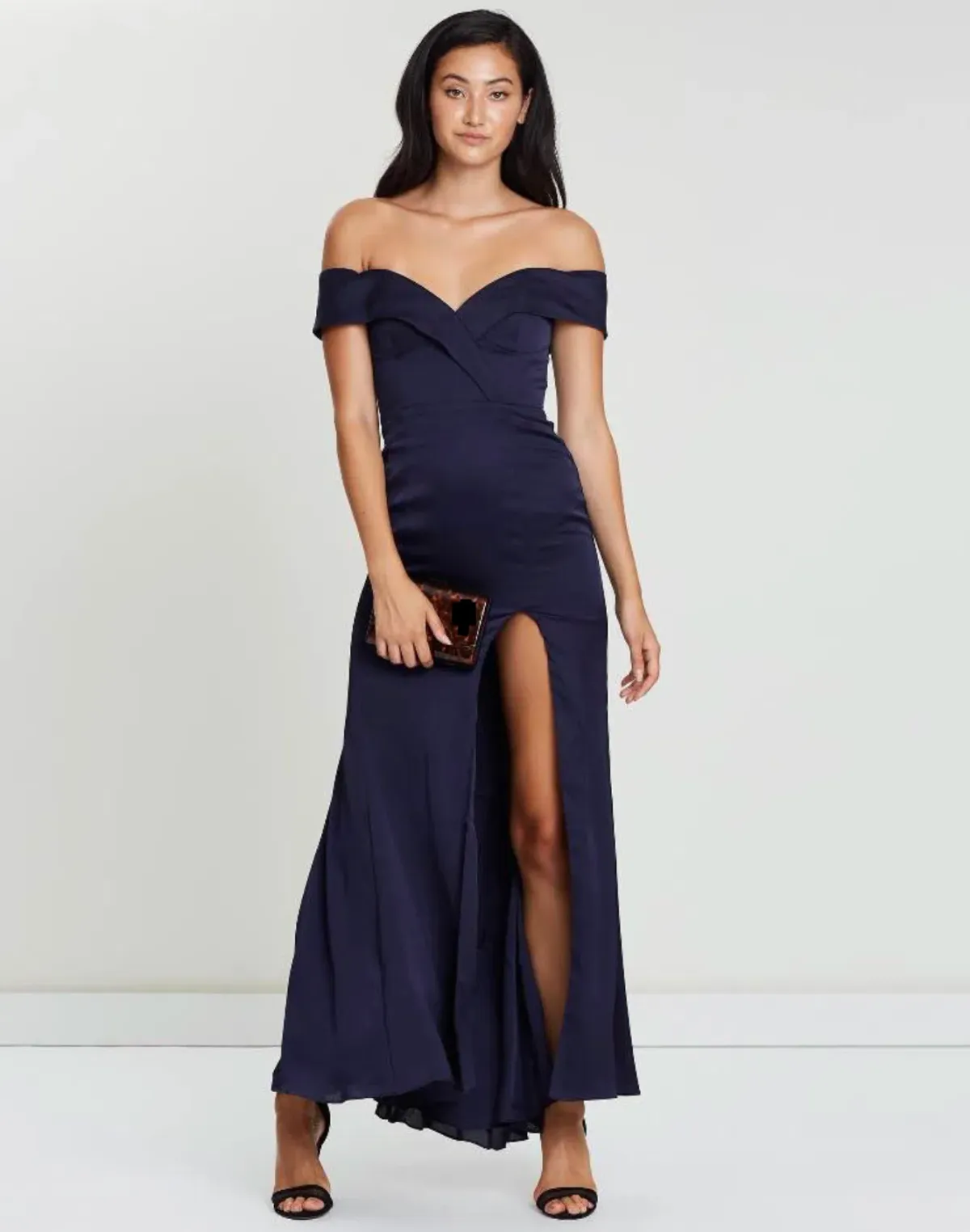 Fame & Partners Off The Shoulder Split Gown In Navy Size AU 8 - Image 1