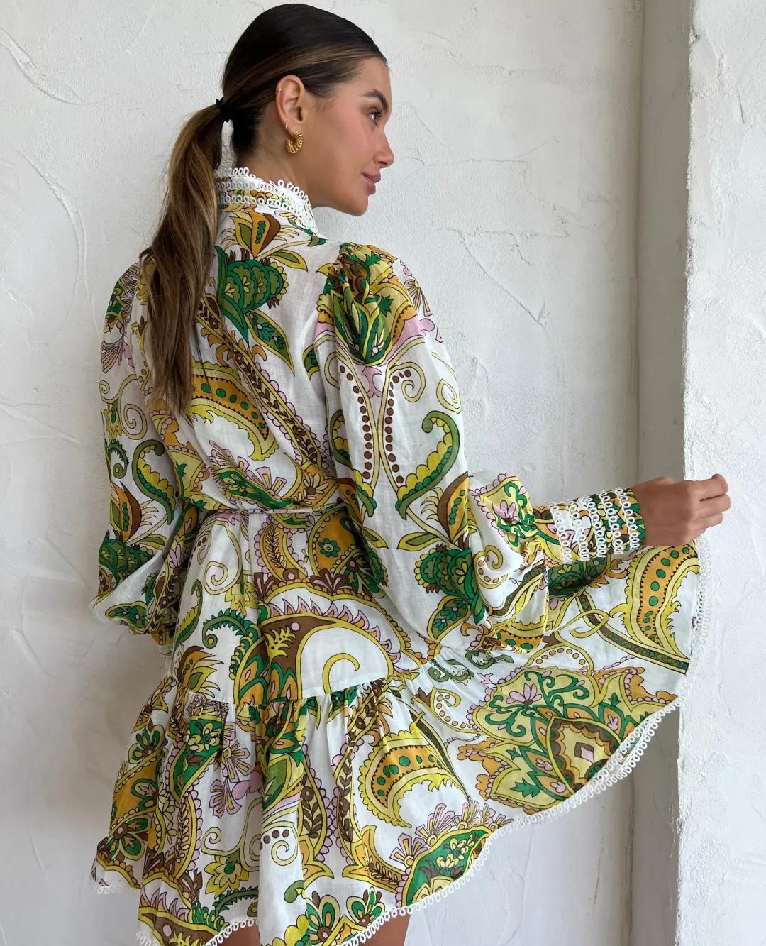 Alemais Octavia Mini Ruffle Dress Linen Long Sleeve Multi Size AU 8 for rent on The Volte - main image